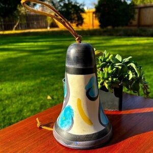 MCM Vintage Pacific Stoneware Bell Wind Chime Ceramic Handpainted Blue & Yellow